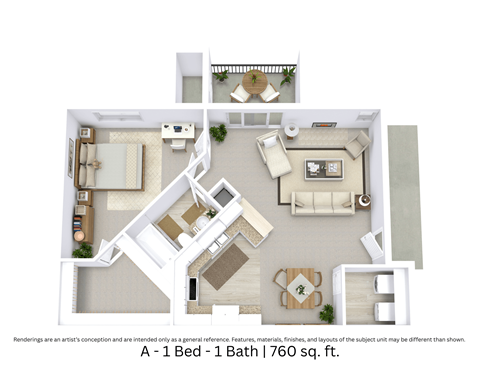 Floor plan for 1 bed, 1 bath, 760 sqft